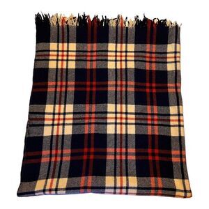 Vintage 100% Wool Stadium Blanket Red, White & Blue Tartan Plaid Throw 54x67 SEE